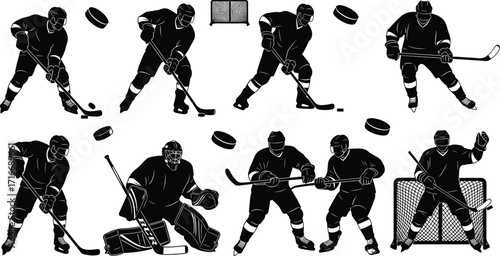 Black and white ice hockey silhouettes of players and goalies in action poses, skating, shooting, defending, with goal nets and pucks