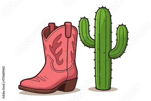 Pink cowgirl boot with western cactus, an isolated cartoon vector illustration. Western wear concept for T-shirt or poster design. Country rodeo aesthetic from Texas or Nashville.