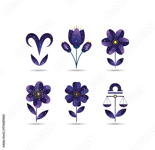 Mystical cosmic zodiac flowers and symbols bloom with starry night magic, creating an enchanting celestial garden for astrology lovers and dreamers.