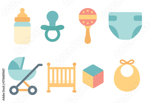 Neon baby essentials icons: bottle, pacifier, rattle, diaper, stroller, crib, block, bib
