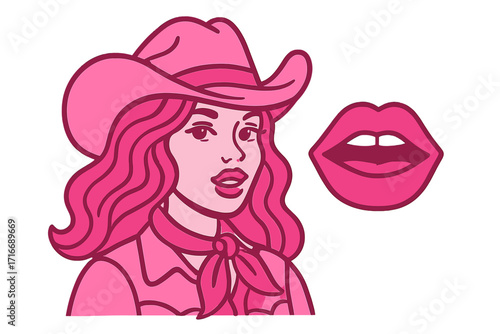 Pink cowgirl in cowboy hat and open lips. Groovy retro western girlish vector design set. Cartoon character illustration of a beautiful woman face portrait. Y2K aesthetic.