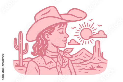 Western cowgirl retro print design. Girlish country graphic for tee shirt. Vintage pink vector illustration of a woman in a hat in a desert landscape with cactus and sun.