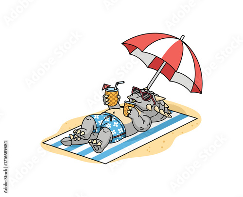 Chilling dinosaur in sunglasses and swim trunks lounges under a beach umbrella with tropical drinks, embracing pure summer relaxation and vacation vibes