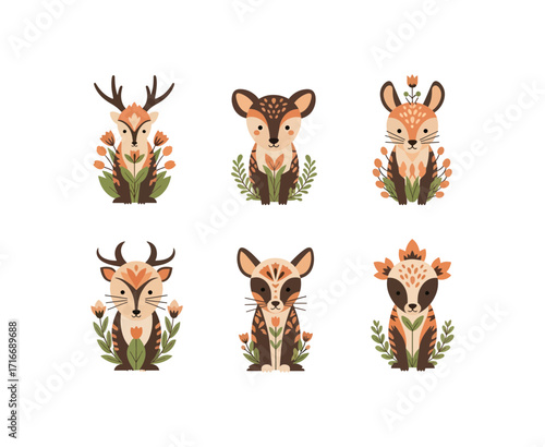 Adorable woodland creatures with whimsical floral accents bring charming natural beauty to any creative project, perfect for children's designs and rustic themes.