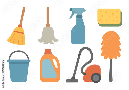 Colorful cleaning tools and supplies: mop, broom, vacuum, spray bottle, sponge, bucket