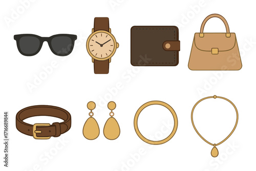 Stylish accessories collection with sunglasses watch wallet handbag jewelry