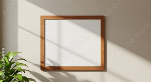 Blank Canvas in Sunlit Minimalist Room with Natural Shadows and Green Accent