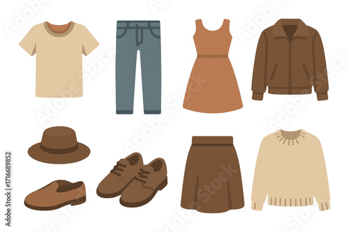 Variety of clothing items with hat and shoes