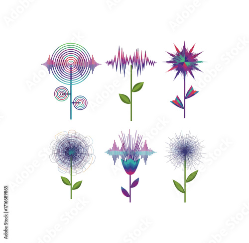 Vibrant abstract digital flowers bloom with colorful sound wave petals, symbolizing nature's modern artistic fusion and creative inspiration.