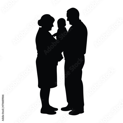 Family silhouette holding baby parents black