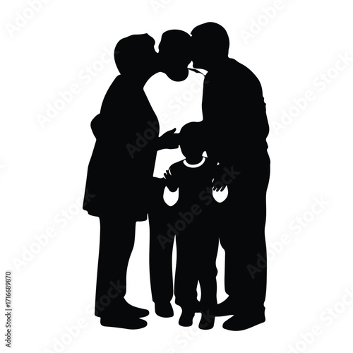 Family silhouette kissing child parents love