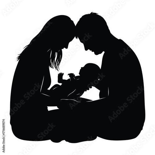 Family silhouette embracing newborn baby parents