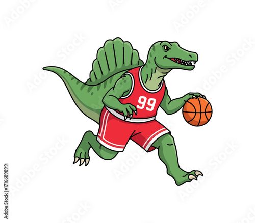 Energetic Spinosaurus dinosaur dribbling a basketball in a red jersey and shorts, ready for competitive sports action