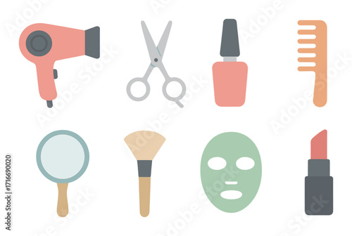 Neon beauty icons: hairdryer, scissors, nail polish, comb, mirror, brush, face mask, lipstick