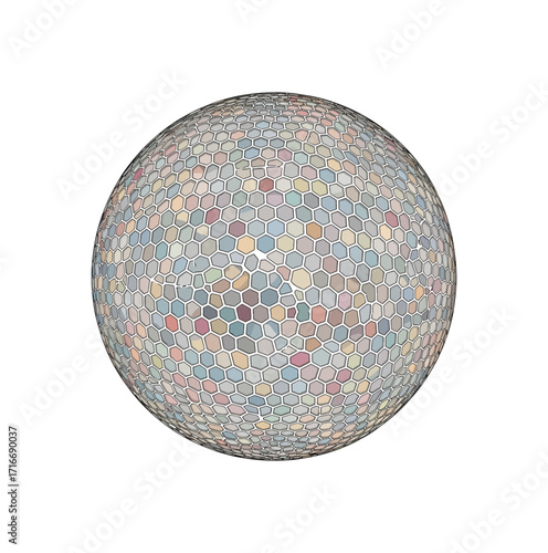 Abstract geometric sphere with a mosaic of pastel hexagons creating a modern, sophisticated digital art background for technology and design