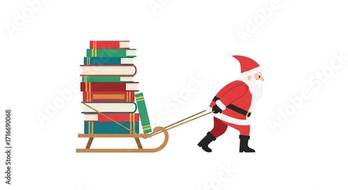 Santa claus pulling a sled full of books isolated on white background