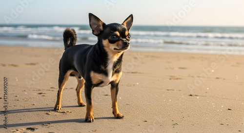 Black and Tan Chihuahua on Sunlit Beach with Ocean Horizon