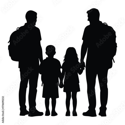 Family silhouettes holding hands parents children