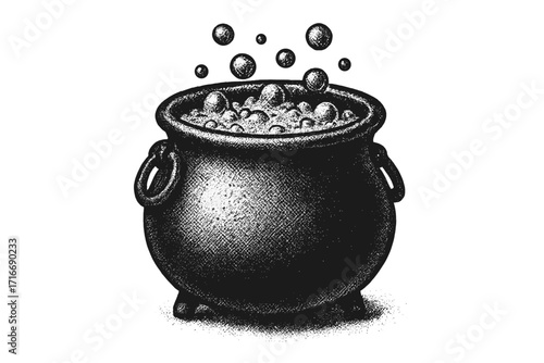 Witch cauldron with boiling magic potion. Halloween witchcraft brew with bubbles. Alchemy, sorcery concept. Vintage dotwork vector illustration. Mystic poison spell drawing.