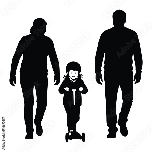 Family silhouettes walking with child on scooter parents