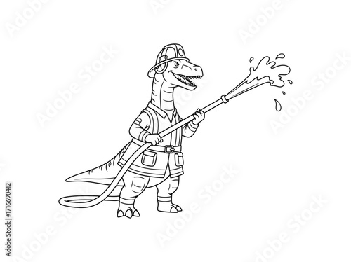 Whimsical dinosaur firefighter heroically sprays water with hose, bringing fun and excitement to any project