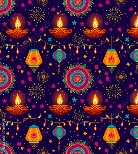 Seamless pattern of colorful Diwali elements, abstract background with lighting diyas, Indian festival celebration template, graphic design illustration wallpaper