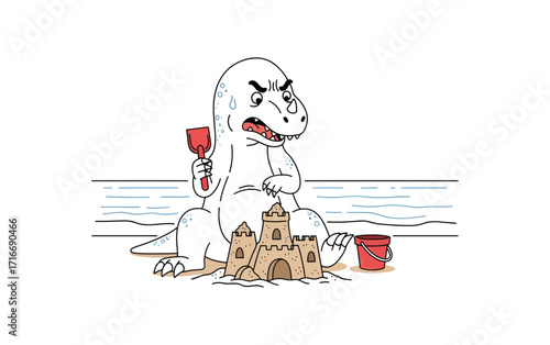 Frustrated dinosaur struggles building a sandcastle at the beach, sweating and looking annoyed with a shovel and bucket nearby