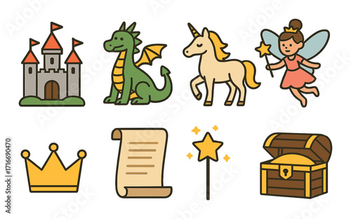 Fantasy icons: castle, dragon, unicorn, fairy, crown, scroll, wand, treasure chest