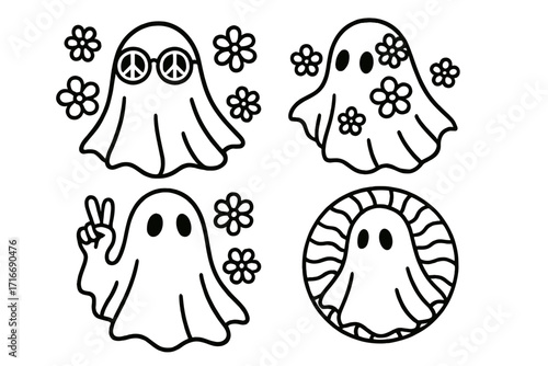 Groovy retro Halloween ghost set in 60s 70s hippie style. Flower power spooky cute ghost characters with peace sign. Linear contour vector collection for T-shirt print design.