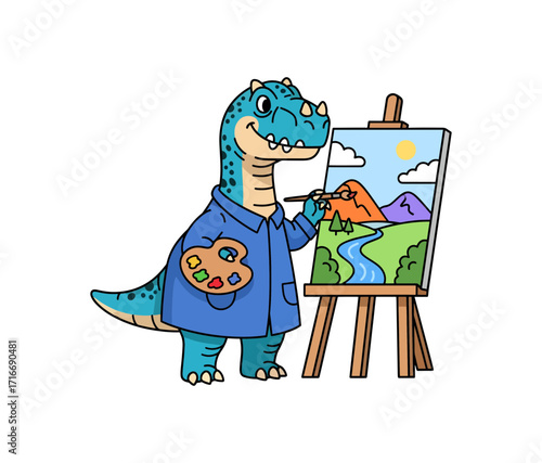 Charming dinosaur artist diligently paints a vibrant landscape scene on canvas with a palette and brush, bringing creativity to life.