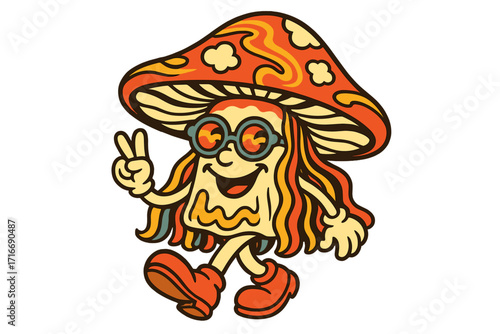 Retro groovy trippy mushroom character showing peace sign. Hippie psychedelic fly agaric. Funky fungus mascot. Vintage hallucinogenic amanita for trendy y2k pop culture.