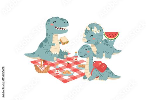 Adorable cartoon dinosaurs enjoying a cheerful picnic with sandwiches, cookies, and watermelon on a sunny day