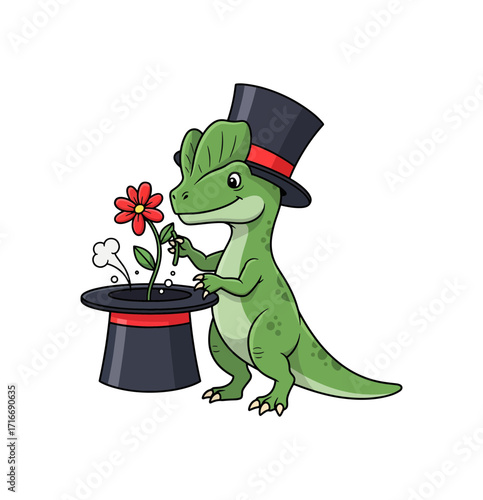 Adorable green dinosaur magician in a top hat conjures a vibrant red flower from a magic hat, bringing whimsical fantasy to life for kids