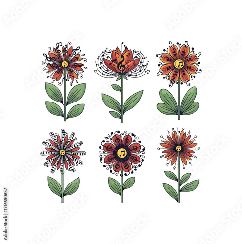 Vibrant musical flowers bloom with elegant notes and treble clefs, celebrating the harmonious fusion of nature and sound