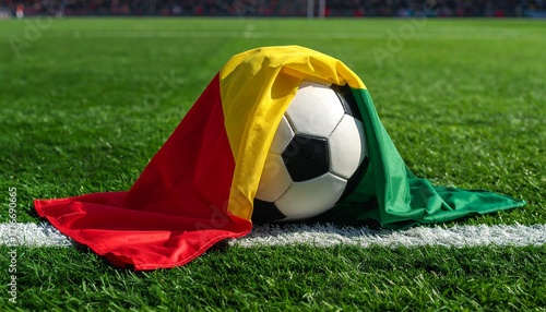 Iconic soccer ball draped in vibrant Guinea flag rests on lush green field, symbolizing national pride and sporting passion