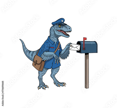 Whimsical blue velociraptor postman delivering mail with a smile to a classic mailbox, bringing a fun, unexpected twist to postal services