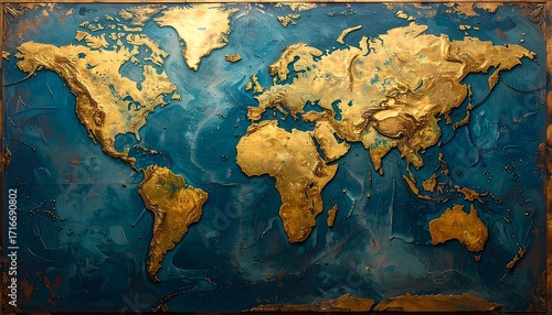 A world map, rich in gold tones, displayed on a textured, teal canvas.