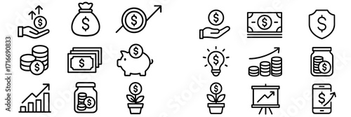 Financial concepts illustrated through simple line icons representing savings, growth, and investment strategies