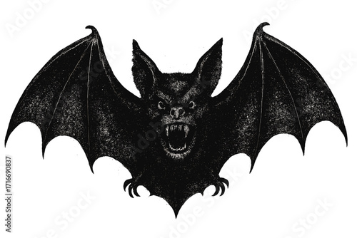Scary bat vampire monster for Halloween. Spooky gothic horror creature with open wings. Vintage retro dotwork halftone texture. Engraving style vector illustration.