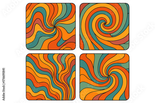 Set of groovy square posters in 70s retro hippie style. Spiral fluid vector design. Psychedelic print collection. Vintage liquid swirl and wavy lines background.