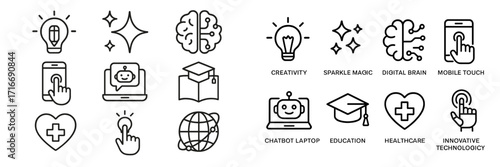 Innovative technology concepts in digital learning and healthcare represented by icons