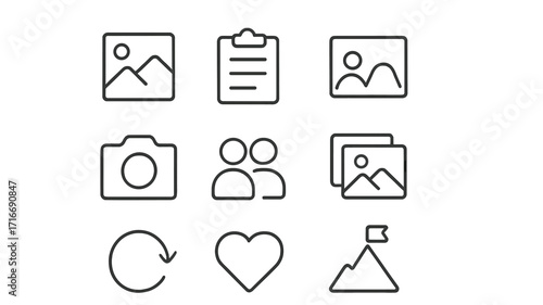 Collection of minimalistic icons representing photography, images, and user interactions in a simple design layout