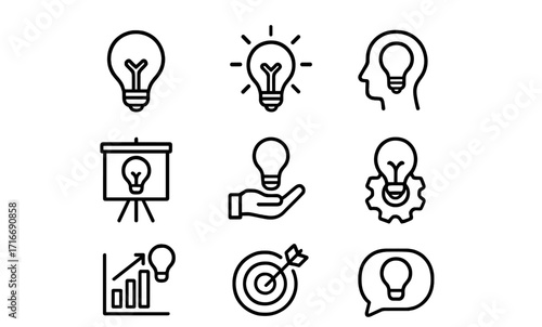 Creative ideas and innovation symbols represented through light bulbs, human thoughts, charts, and arrows in simple line art design
