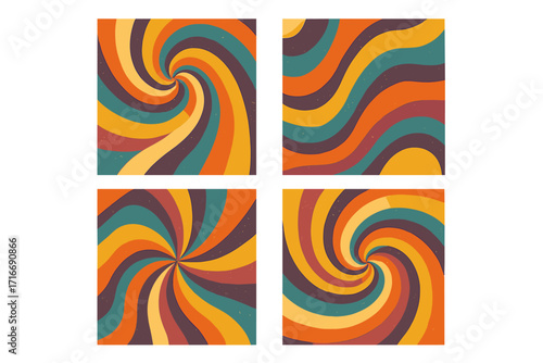 Set of groovy retro posters. 70s 80s vintage psychedelic print collection. Abstract spiral, swirl and wave backgrounds. Hippie style fluid vector illustrations for cover.