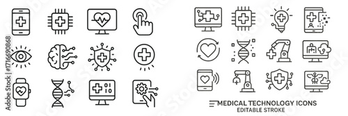 Collection of modern medical technology icons illustrating healthcare connectivity and monitoring solutions