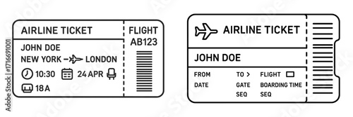 Airline ticket design showing flight details from New York to London with departure time and seating information