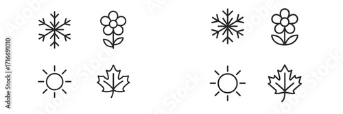 Seasonal symbols shown through simple line drawings of snowflakes, flowers, sun, and leaves depicting changes in nature