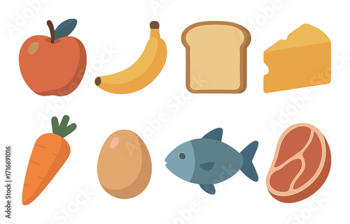 Colorful cartoon food icons featuring fruits, vegetables, bread, cheese, fish, and meat