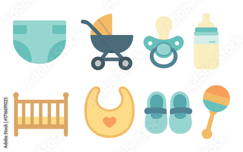 Neon baby essentials: diaper, stroller, pacifier, bottle, crib, bib, booties, rattle icons