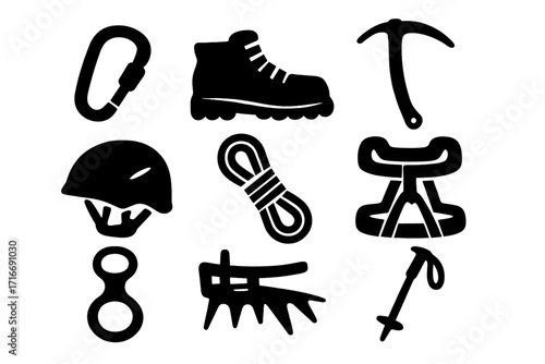 Mountain climbing gear icons set. Vector silhouette illustration of equipment for mountaineering, hiking and outdoor adventure. Includes ice axe, rope, harness, crampons.